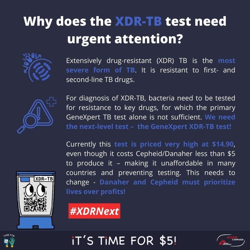 The 'Time for $5' campaign calls on US diagnostics corporation Cepheid, and its parent company Danaher, to drop the price of its lifesaving GeneXpert tests to US$5 a test, so that many more people can get access to fast and accurate disease diagnosis. | Date taken: 01/03/2024 | Copyright: MSF The 'Time for $5' campaign calls on US diagnostics corporation Cepheid, and its parent company Danaher, to drop the price of its lifesaving GeneXpert tests to US$5 a test, so that many more people can get access to fast and accurate disease diagnosis. | Date taken: 01/03/2024 | Copyright: MSF