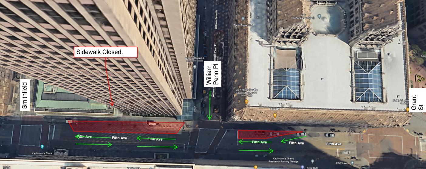 An arial image of Fifth Avenue between Grant Street and Smithfield Street depicting the lane restrictions beginning on Friday, May 31