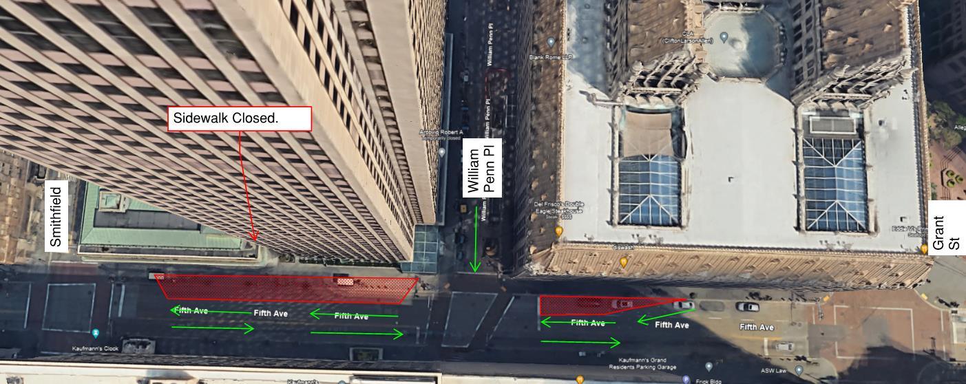 An arial image of Fifth Avenue between Grant Street and Smithfield Street depicting the lane restrictions beginning on Friday, May 31