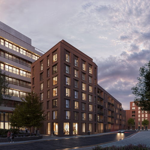 Ontwerpbeeld - de studentenresidentie in de toren, het appartementencomplex aansluitend