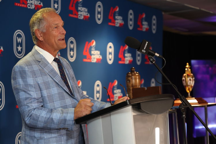 Jim Lawson addressing the audience at the Pepsi North America Cup Draw on June 13, 2023 (New Image Media) Jim Lawson addressing the audience at the Pepsi North America Cup Draw on June 13, 2023 (New Image Media)