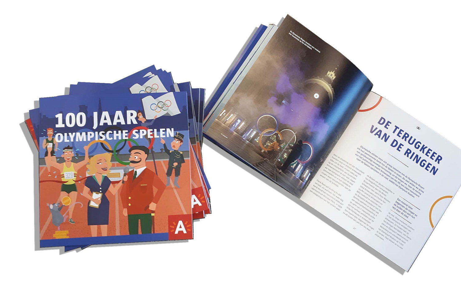 Cover en binnenpagina's boek '100 jaar Olympische Spelen'