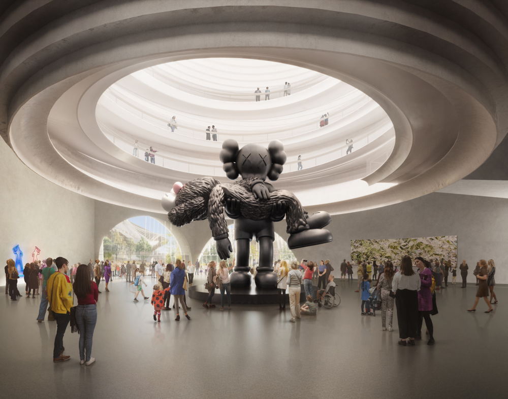 Daytime render of winning concept design for NGV Contemporary by Angelo Candalepas and Associates, arrival gallery and central spherical hall. Render by Secchi Smith.