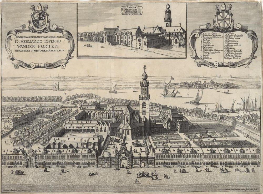Zicht op de Sint-Michielsabdij in 1659 vanuit de Kloosterstraat
(Gravure van Lucas Vorsterman II, De Sint-Michielsabdij te Antwerpen in 1659)
© Universiteit Antwerpen, Prentenkabinet