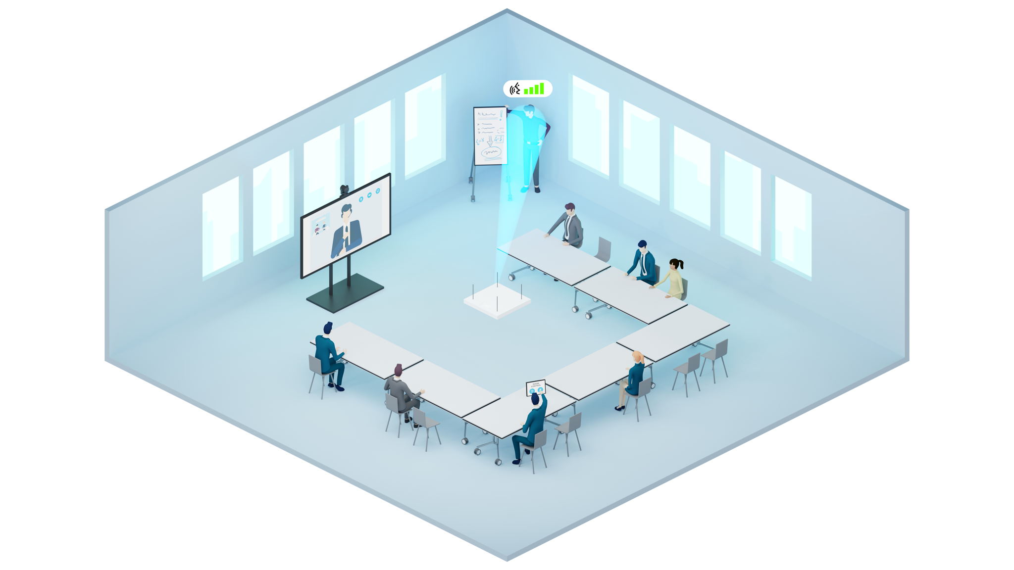 Die automatische, dynamische Beamforming-Technologie sorgt dafür, dass der aktive Sprecher gut hörbar ist – unabhängig davon, wo er sich befindet oder wie er sich im Raum bewegt Die automatische, dynamische Beamforming-Technologie sorgt dafür, dass der aktive Sprecher gut hörbar ist – unabhängig davon, wo er sich befindet oder wie er sich im Raum bewegt
