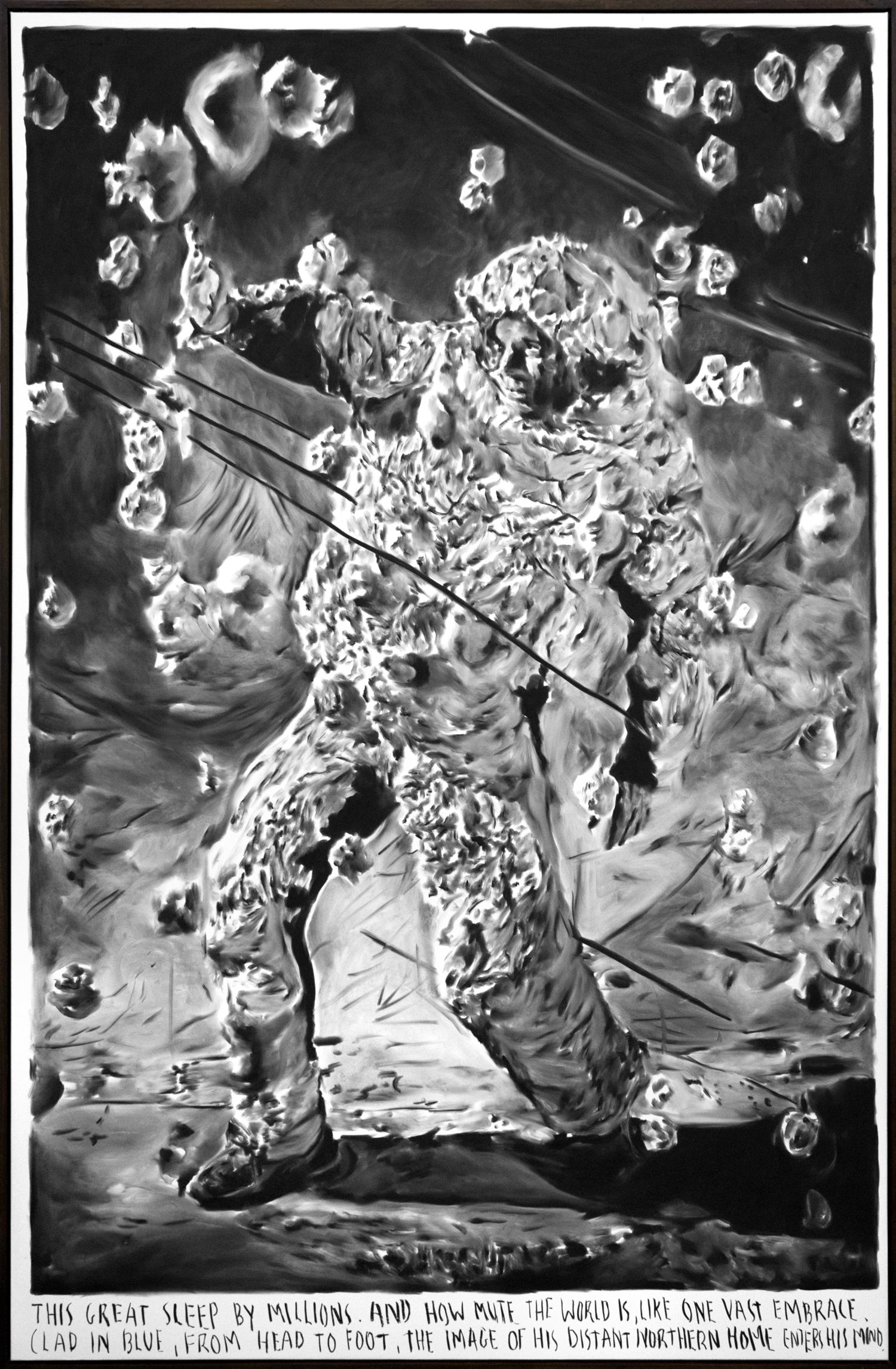Rinus Van de Velde, This great sleep by millions., 2017 charcoal on canvas, artist frame 220 x 142 cm. Courtesy Tim Van Laere Gallery, Antwerp.