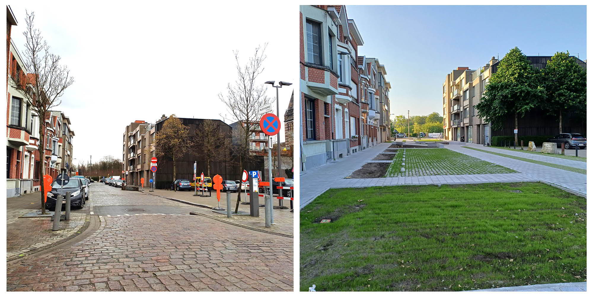 De Rustoordstraat voor en na de heraanleg.