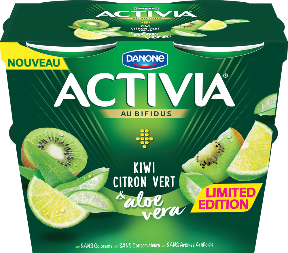 Activia Kiwi Limoen & Aloë Vera, met stukjes fruit, zonder kunstmatige aroma’s, zonder kleurstoffen en zonder bewaarmiddelen