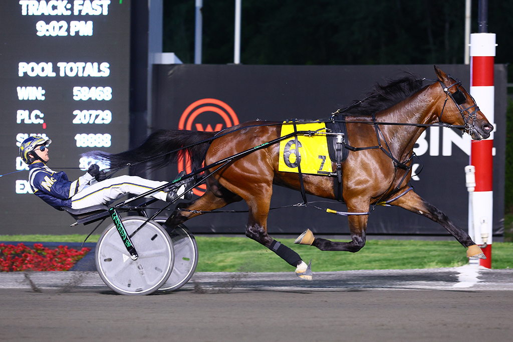 Highland Kismet and driver Bob McClure winning the Goodtimes Final on June 15, 2024 at Woodbine Mohawk Park (New Image Media)