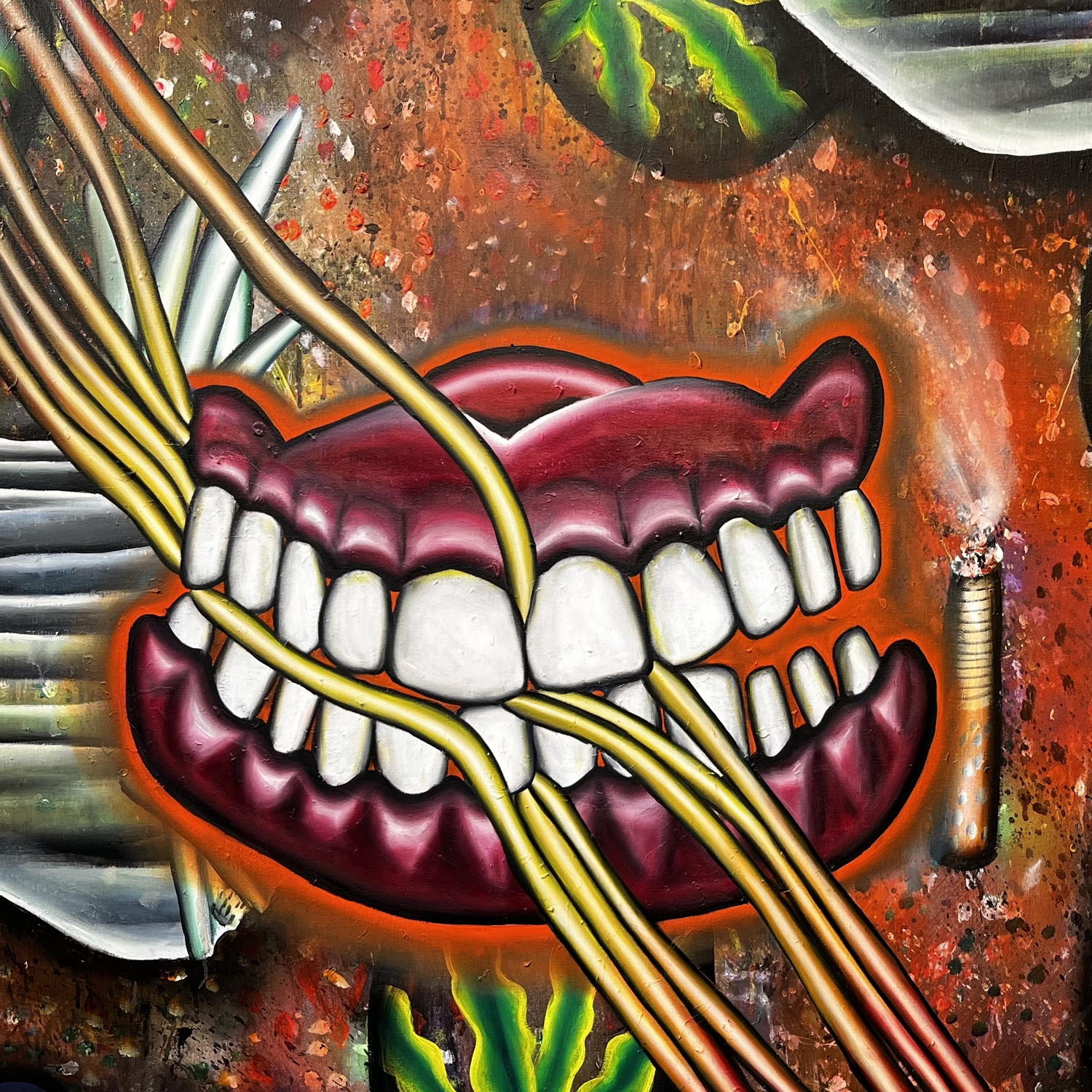 Lisa Vlaemminck A smile symphony: trichophobia/cosmic cavity/hot dog heist , 2024 (DETAIL). Oil and acrylic on canvas three panels, each: 165.5 x 185 cm. Courtesy of the artist and rodolphe janssen, Brussels
