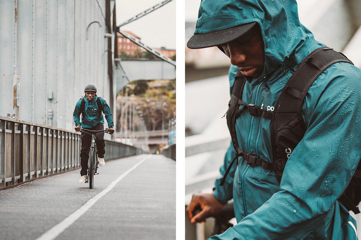 Motion Rain Jacket, Motion Rain Pants, Corpora Helmet y Column VPD Backpack