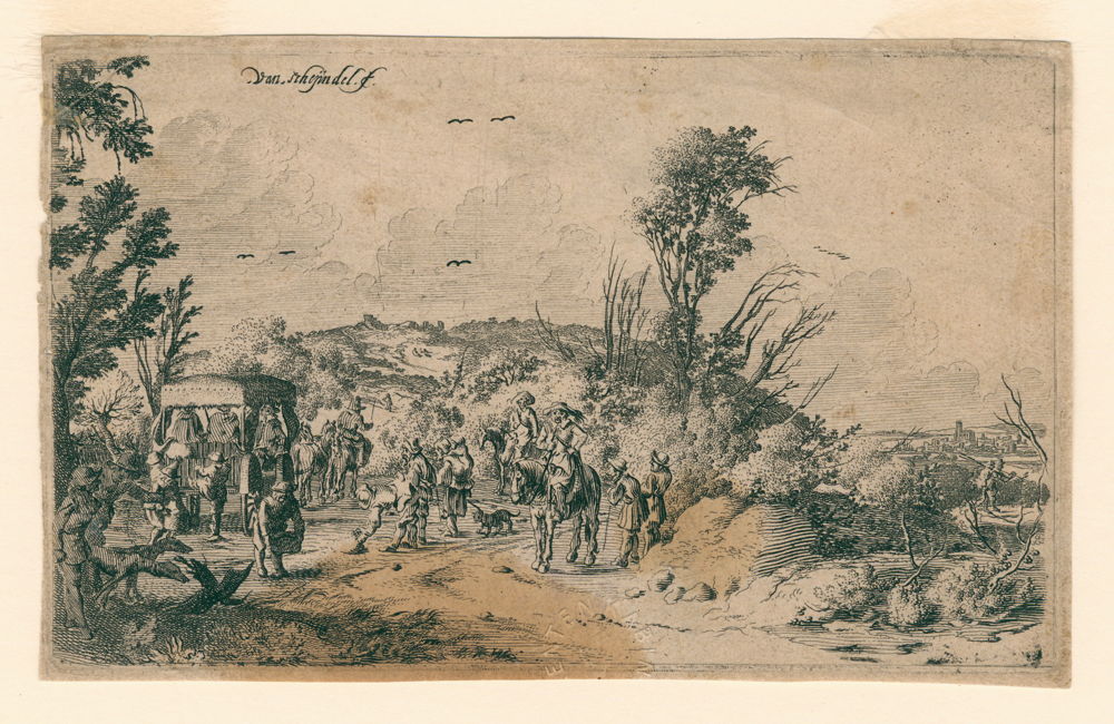 Berglandschap met reizigers te voet, te paard en in een koets - Ets (prent) uit de collectie van het Museum Plantin-Moretus