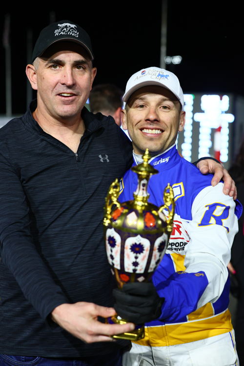 Louis-Philippe Roy and Tony Beaton in the winner's circle for the 41st Pepsi North America Cup on June 15, 2024 at Woodbine Mohawk Park (New Image Media)