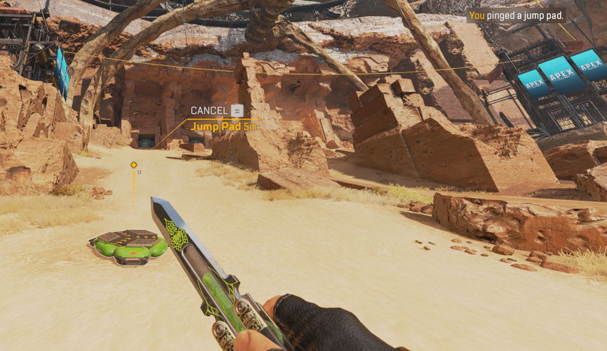 A player uses the Ping System in Apex Legends™ to let their team know of the placement of a Jump Pad.