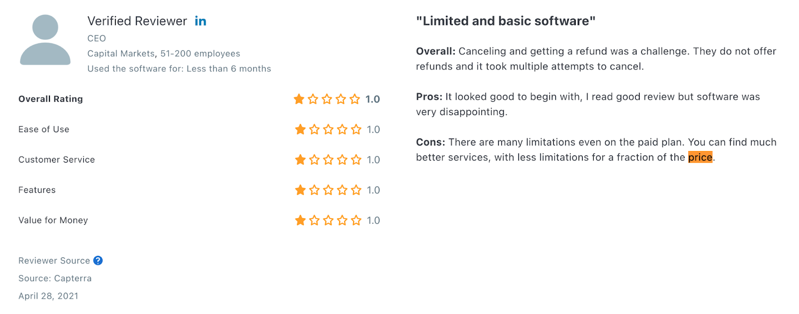 “There are many limitations even on the paid plan. You can find much better services, with less limitations for a fraction of the price.” Source: Capterra. “There are many limitations even on the paid plan. You can find much better services, with less limitations for a fraction of the price.” Source: Capterra.