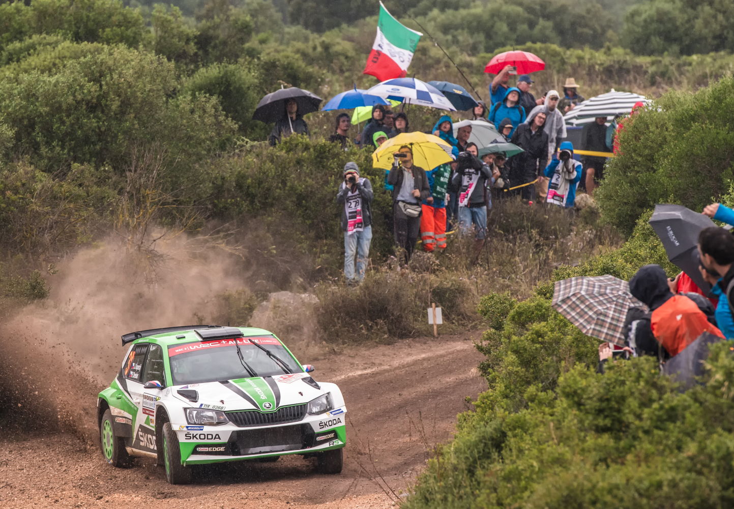 Reigning Czech Champions Jan Kopecký and Pavel Dresler (CZE/CZE), driving a ŠKODA FABIA R5, are holding second position of the WRC 2 category after day two of Rally Italia Sardegna