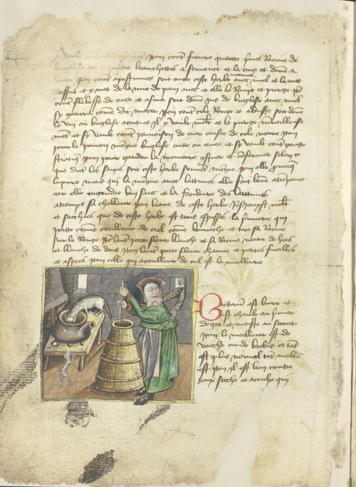 Livre des simples médecines. Pays-Bas méridionaux, XVe siècle. ms. IV 1024, fol. 30v Femme préparant des remèdes à base de beurre © KBR