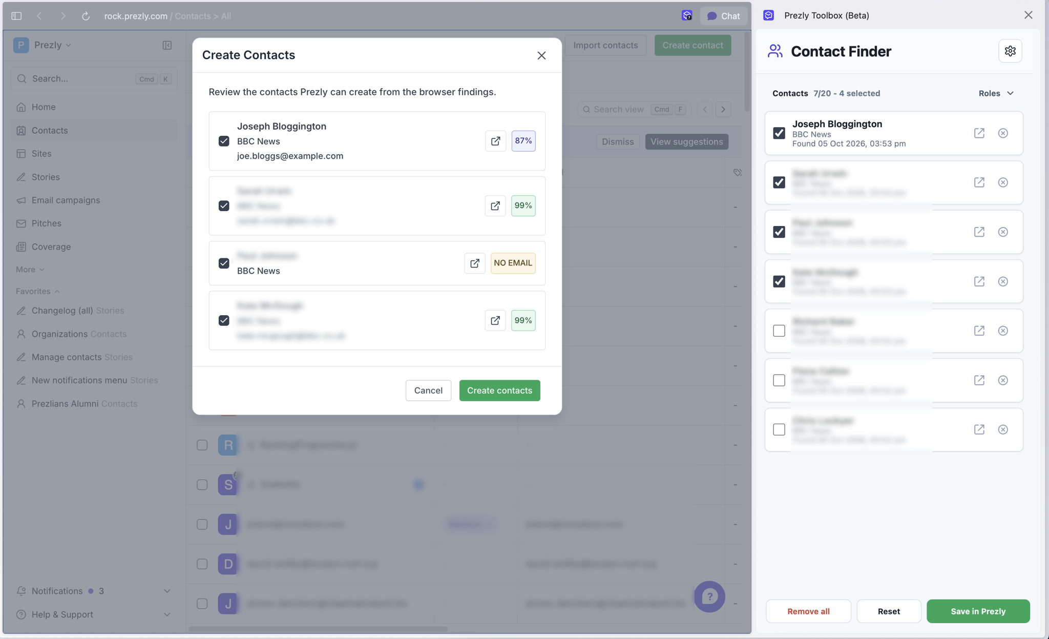 Review findings in Prezly and choose which contacts to create. Review findings in Prezly and choose which contacts to create.