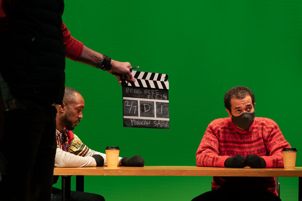 Behind the Scenes - Adrian Neblett and Austin Eckert in Being Here: The Refugee Project / Photo by Mark Halliday