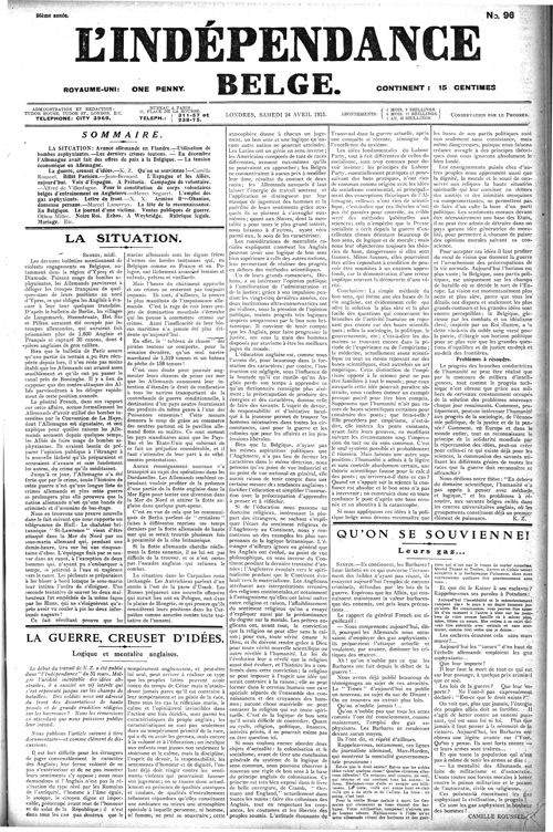 La une de l'Indépendance Belge du 24 avril 1915 (imprimé en exile à Londres)