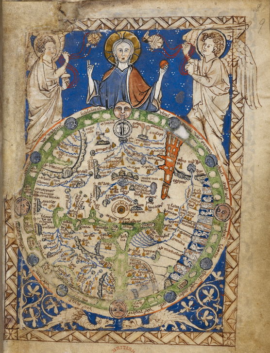 AKG5341574 A round map of the world, set in a square ornamental frame, Jerusalem being in the centre, with a zone of winds, figures of inhabitants, etc. England; 13th century–15th century. © akg-images / British Library