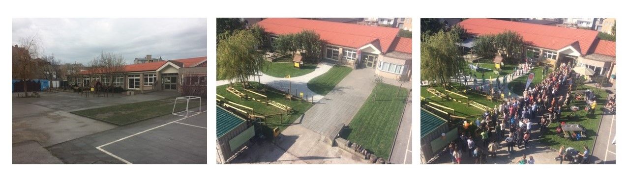 De Vrije Basisschool ’t Boompje in Stalhille heeft met subsidie voor een kleinschalig project de speelplaats onthard en vergroend. De dakgoten die uitgeven op de speelplaats, werden aangesloten op een infiltratieput. Foto's: Tuinen Vandenberghe Christophe.