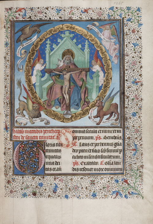 Breviary [of Philip the Good] for use in Paris. France (Dijon, St Esprit Hospital), circa 1450-1460. ms. 9026, fol. 1r The Holy Trinity and the symbols of the tetramorph © KBR