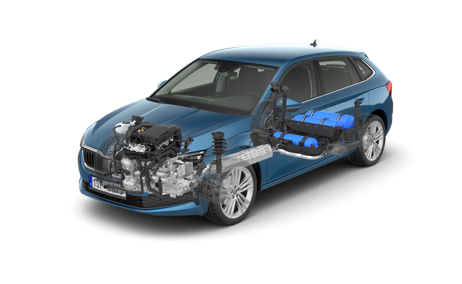 Vehicles like the all-new ŠKODA OCTAVIA G-TEC and
the already available G-TEC versions of the ŠKODA
SCALA (pictured) and KAMIQ enable immediate CO2
savings of 25 per cent, depending on the composition
and the production method of the gas used.