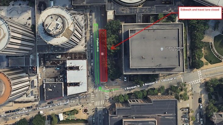 New work zone on Forbes Avenue at South Bouquet Street New work zone on Forbes Avenue at South Bouquet Street