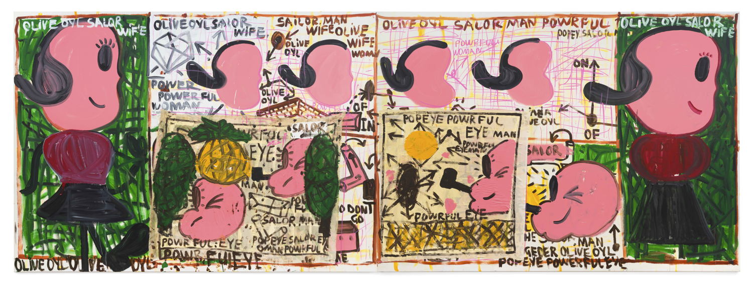 ARMEN ELOYAN Olive Oyl, 2024 acrylic on canvas 230 x 640 cm. Courtesy Tim Van Laere Gallery, Antwerp-Rome