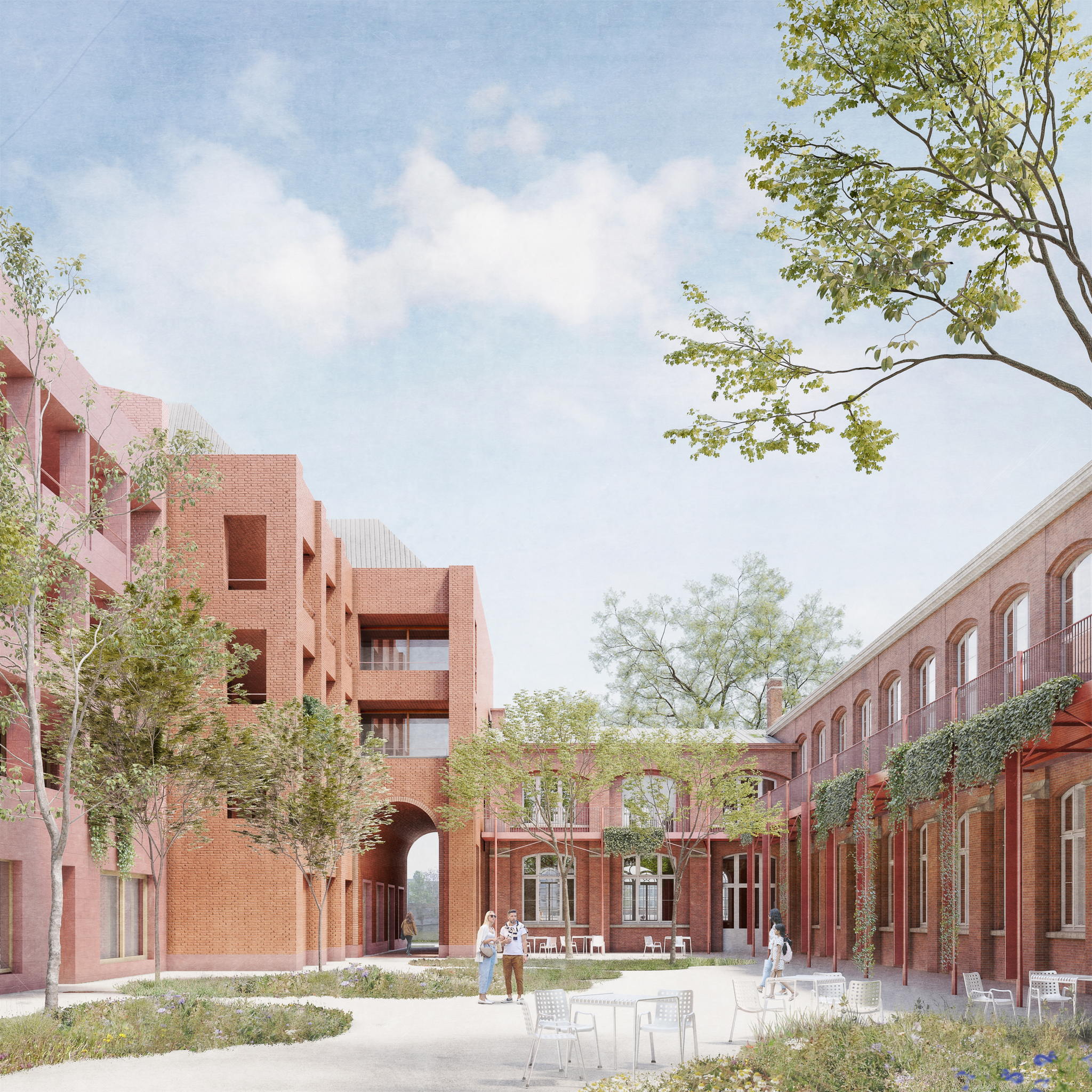 Voorlopig ontwerp van het semi-publieke voorplein met zicht naar de arcade (copyright VDD Project Development & David Chipperfield Architects) Voorlopig ontwerp van het semi-publieke voorplein met zicht naar de arcade (copyright VDD Project Development & David Chipperfield Architects)