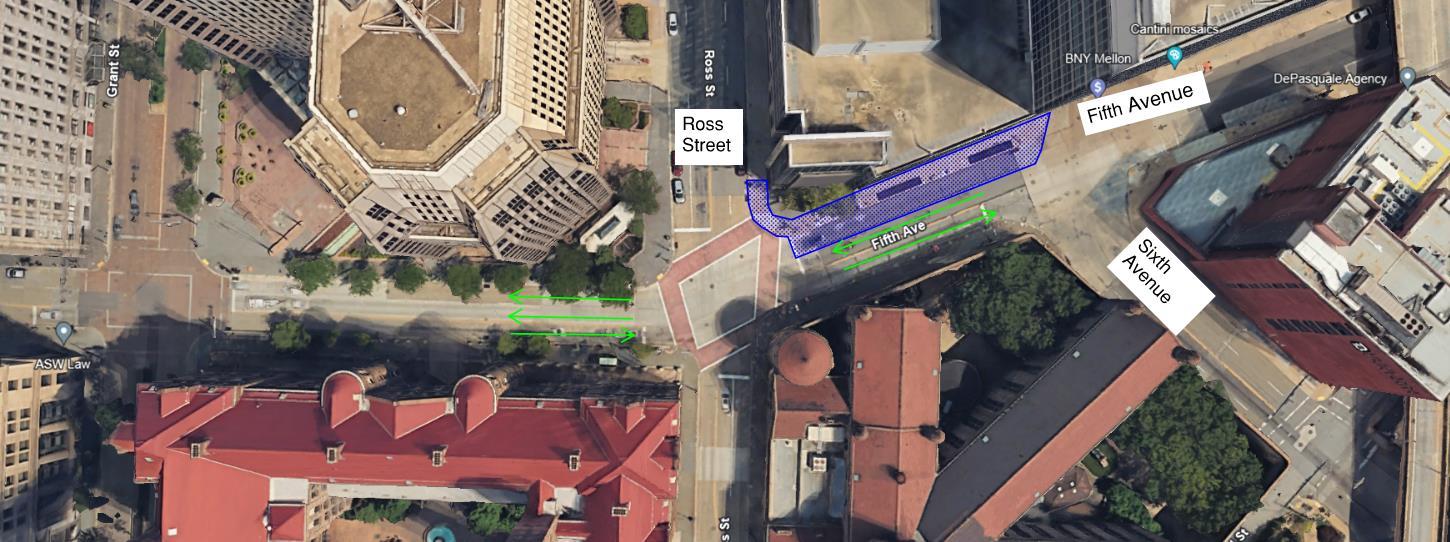 An aerial image of Fifth Avenue between Ross Street and Sixth Avenue depicting the lane restrictions beginning Friday, May 31. An aerial image of Fifth Avenue between Ross Street and Sixth Avenue depicting the lane restrictions beginning Friday, May 31.