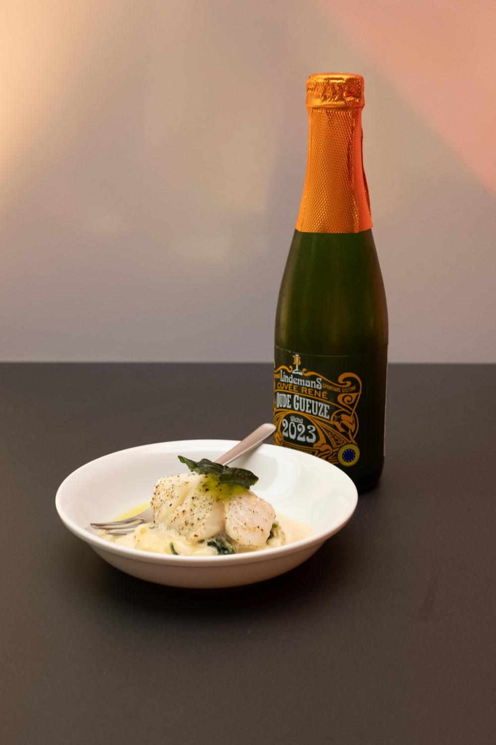 Kabeljauw met aardappelcrème op basis van Geuze-Lindemans