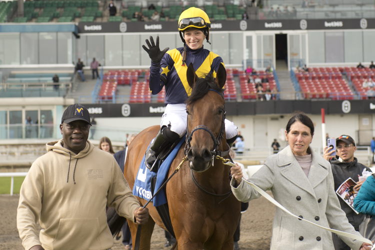 Jockey Sofia Vives celebrates 5 wins on the 2024 opening day card after winning the Star Shoot Stakes with Sabatini at Woodbine (Michael Burns Photo)