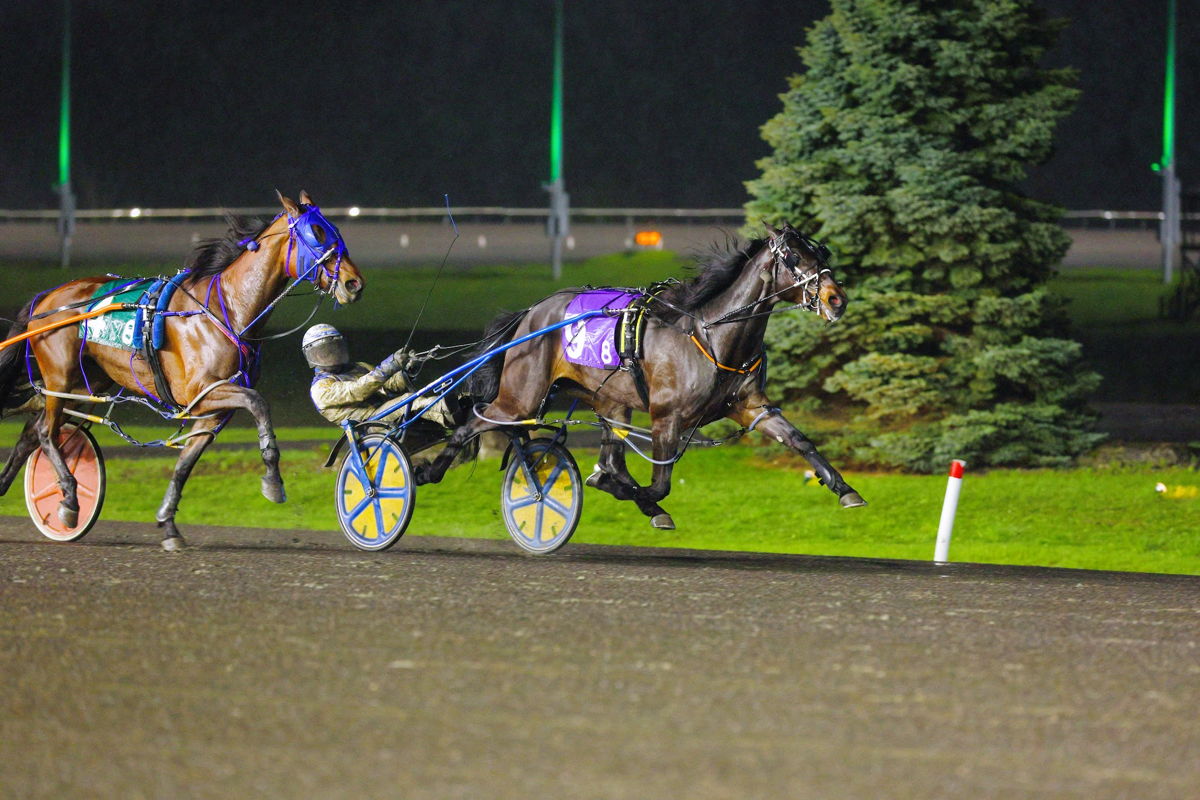 Silver Label and James MacDonald winning last Friday's third leg of the Ontario Sired Graduate Series. (New Image Media)