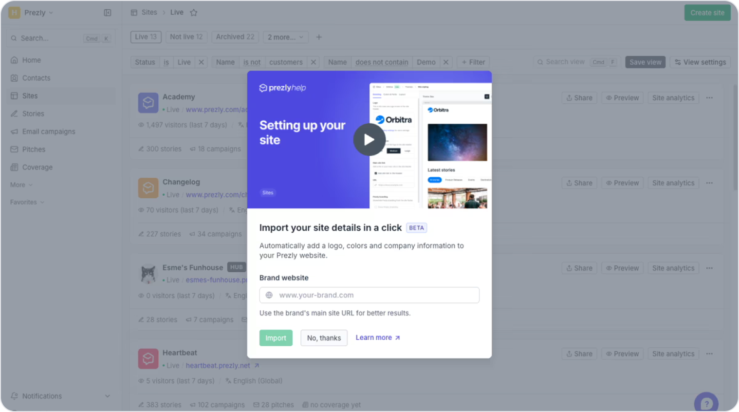 Instantly import branding from a company website when creating a new site.
