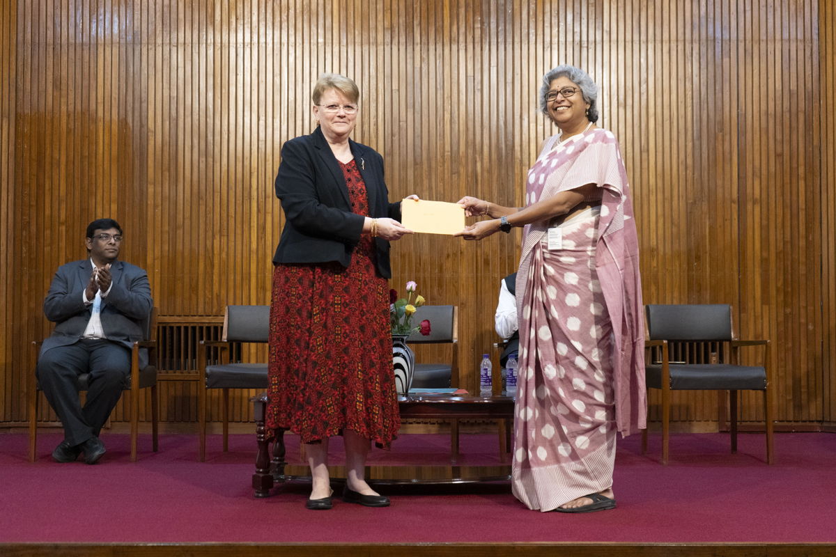 A ceremonial hand-over of computers was held on Monday, March 11, 2024. Pictured: Dr Jacqueline Hughes, Director General of ICRISAT (left); and Ms Sreelata Chebrol, Trustee of Kriti Social Initiatives.