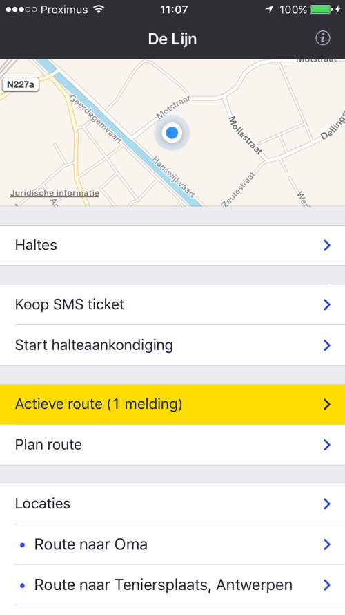 2. Startscherm als je een actieve route hebt geactiveerd. In dit concrete geval is er 1 melding (storing) voor de actieve route. 2. Startscherm als je een actieve route hebt geactiveerd. In dit concrete geval is er 1 melding (storing) voor de actieve route.