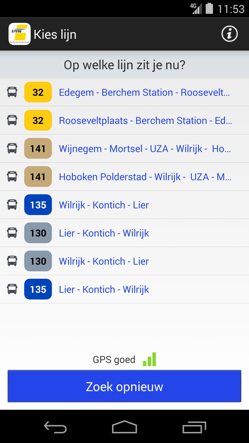 De Lijn - app halteaankondiging
De app toont een aantal lijnen in de buurt, op basis van je gps-positie