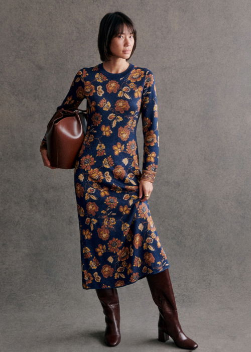 Sézane - Robe ANDREAS Jacquard FLEURS FOND MARINE