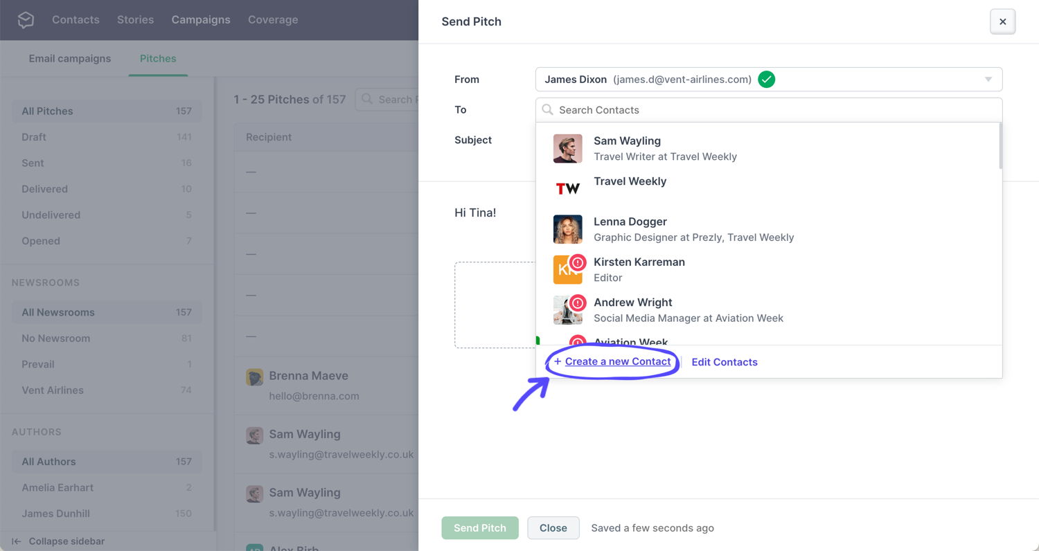 Create contacts from Campaigns or Pitches