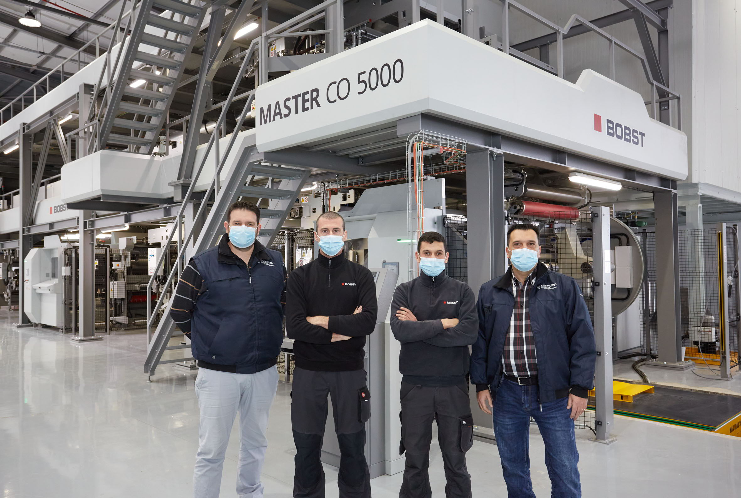The Symetal and BOBST technical team (from left to right): Yannis Katsanakis, Project Manager and Electrical Maintenance Engineer, Symetal; Marco Girotto, Electrical Engineer, and Omar Houdaibi, Mechanical Engineer, Bobst Italia; Michalis Michalakis, Production Engineer, Symetal.