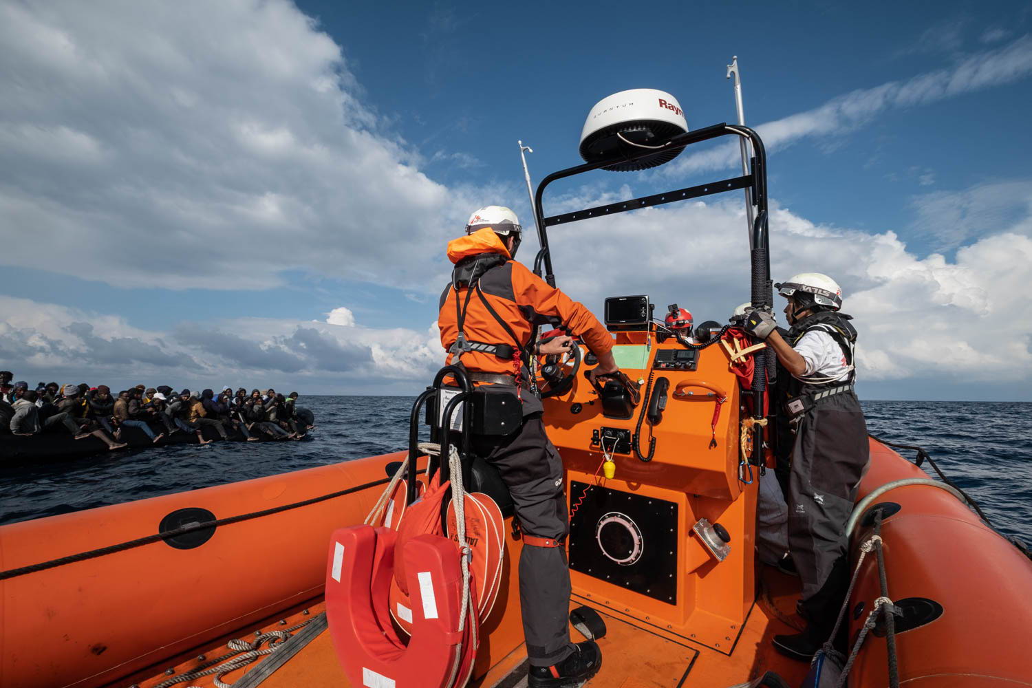 On 7 January 2023, another boat in distress on the most dangerous sea migration route in the world was spotted from the bridge following an alert by the Alarm Phone. Our team rescued 73 people including 16 unaccompanied minors from an unseaworthy and overcrowded rubber boat. Everyone safely embarked on the Geo Barents and was cared for by the medical team. Photographer: Nyancho NwaNri. Date: 07/01/2023. Location: Mediterranean Sea
