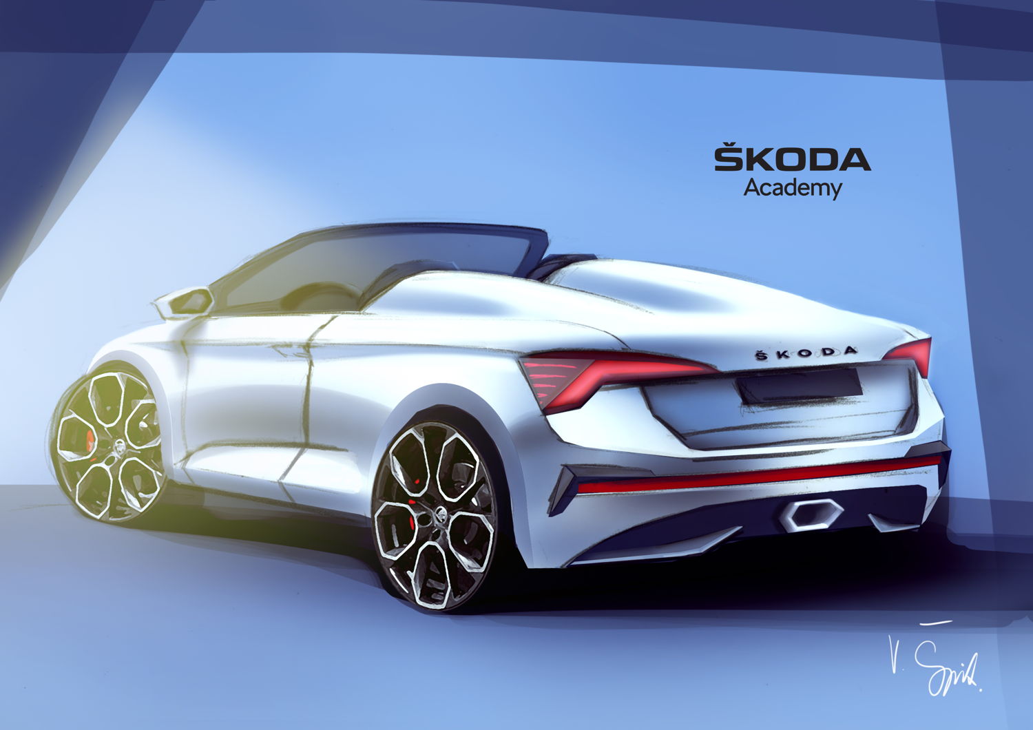 One of the first sketches by the ŠKODA vocational students
offers an insight into the seventh ŠKODA Student Car: an
emotive and dynamic spider version of the ŠKODA SCALA