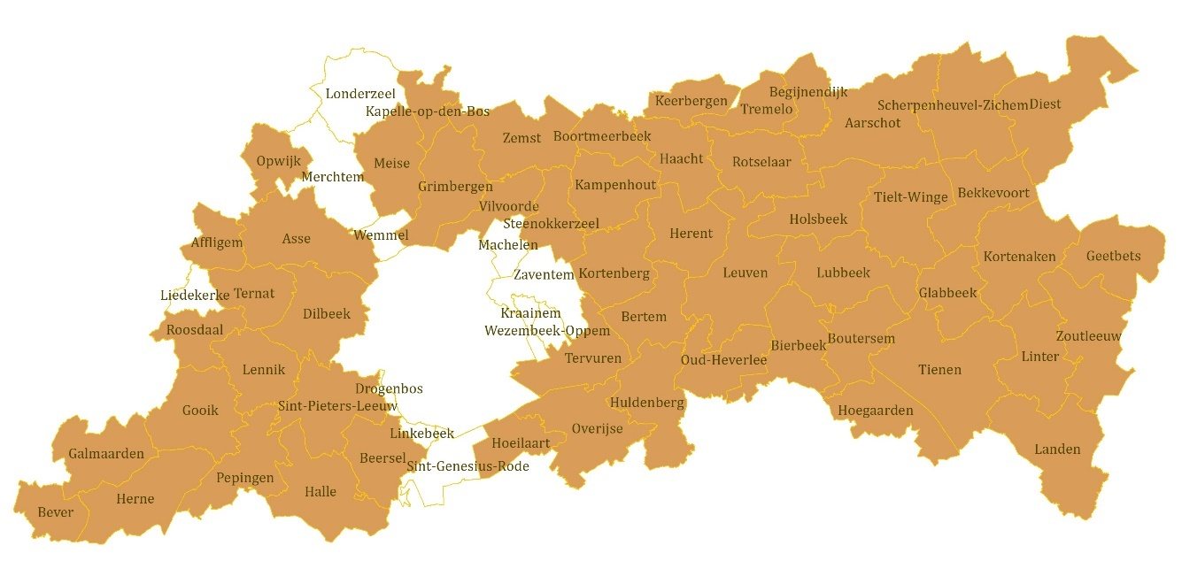 De 54 Vlaams-Brabantse Straffe Streek Gemeenten (in het oker)