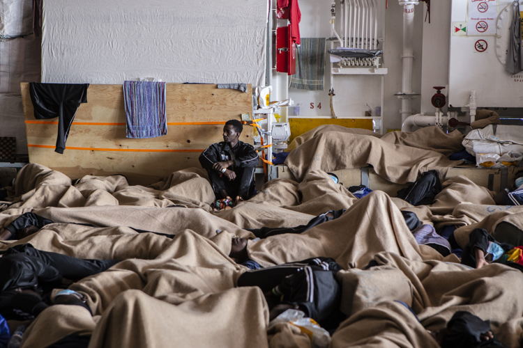 Copyright: Anna Pantelia/MSF Countries: Mediterranean Sea Date taken / Date Recorded: 18 May, 2022 Caption / Description: The 471 survivors spent 7 days on board the Geo Barents. On May 19th, roughly half were allowed to disembark before the Italian authorities asked the Geo Barents to leave the dock without further explanation. 233 people, including people with broken limbs and a diabetic patient, are still on-board.