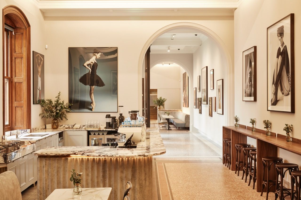 Audrey Green’s fresh coffee bar featuring stunning arches, restored shutters and artworks from the Gallery’s ballet collection Audrey Green’s fresh coffee bar featuring stunning arches, restored shutters and artworks from the Gallery’s ballet collection 