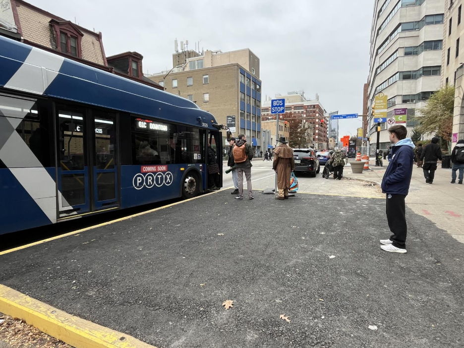 PRTX bus on Fifth Avenue at Atwood Station in Oakland