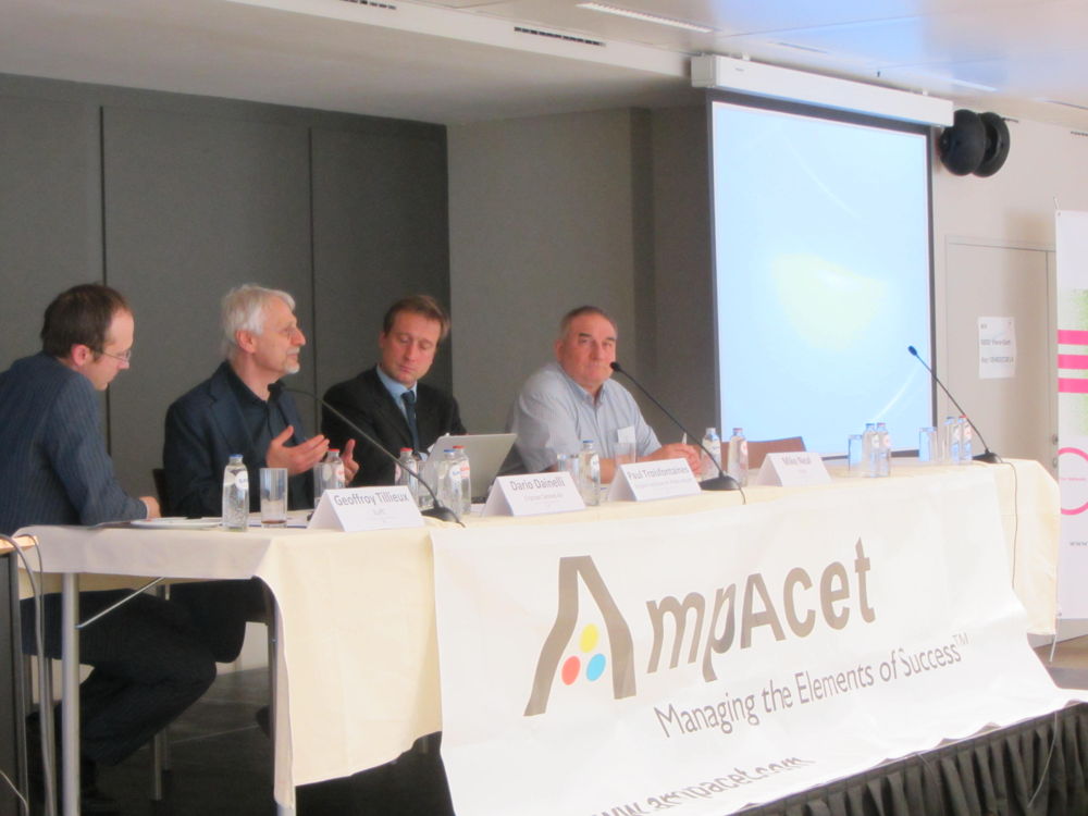 Discussion on risk assessments of food contact materials using practical tools. 
From left to right: Geoffroy Tillieux (EuPC), Dario Dainelli (Cryovac Sealed Air), Paul Troisfontaines (Belgian Institute for Public Health), Mike Neal (CPME)