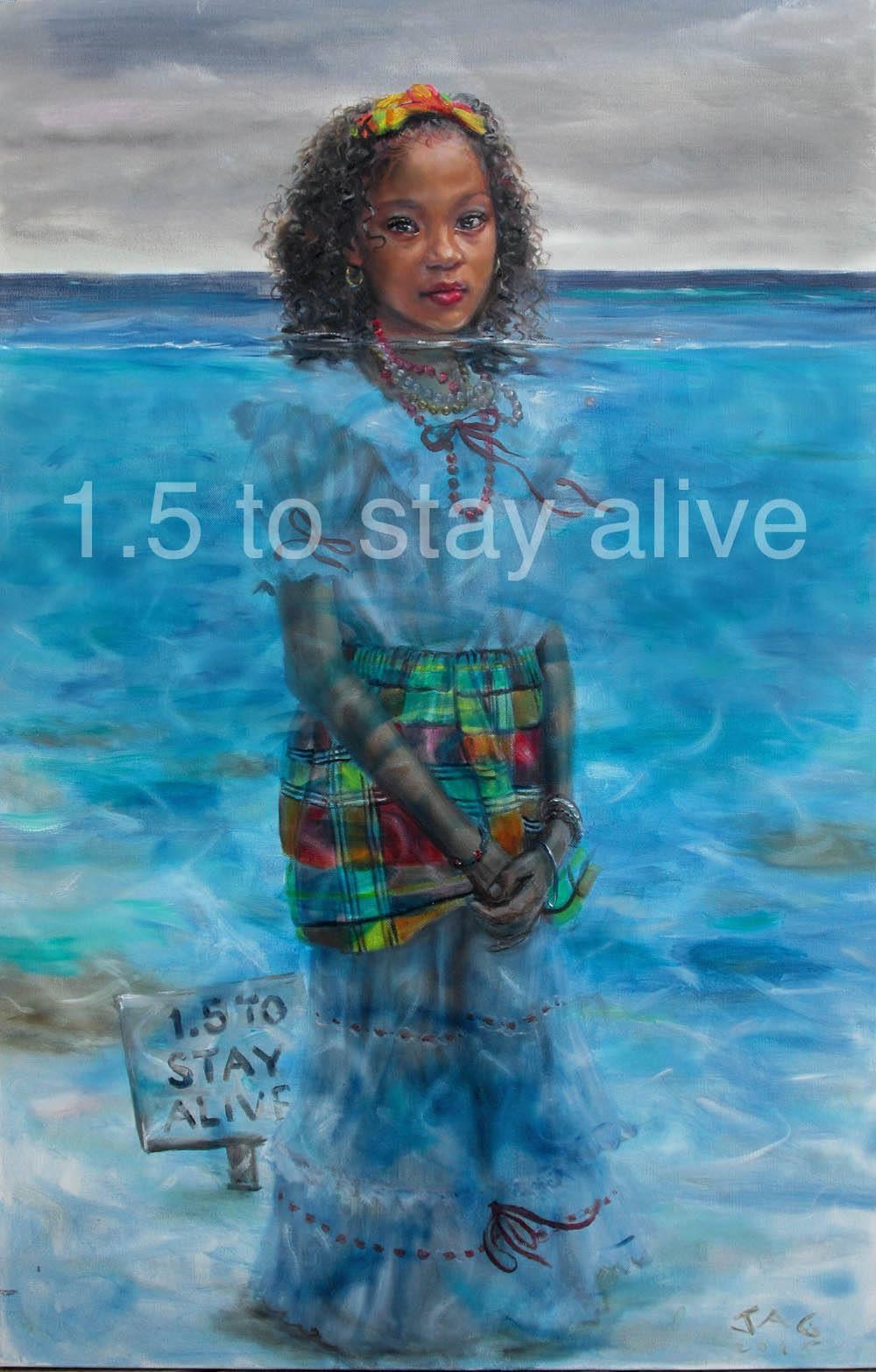 Jonathan Gladding's 2015 “1.5 To Stay Alive” Painting shows a young girl with her body almost entirely submerged by sea-level rise.